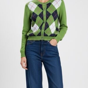 Tommy Hilfiger Green Argyle Cardigan Sweater Preppy Knit Button Front Sz S